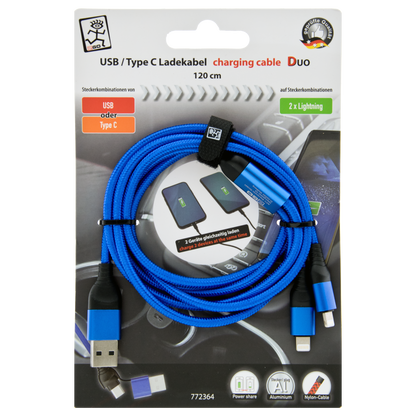 USB Ladekabel DUO - USB A oder USB Type-C auf 2 x Lightning - 120 cm - blau - Verpackung