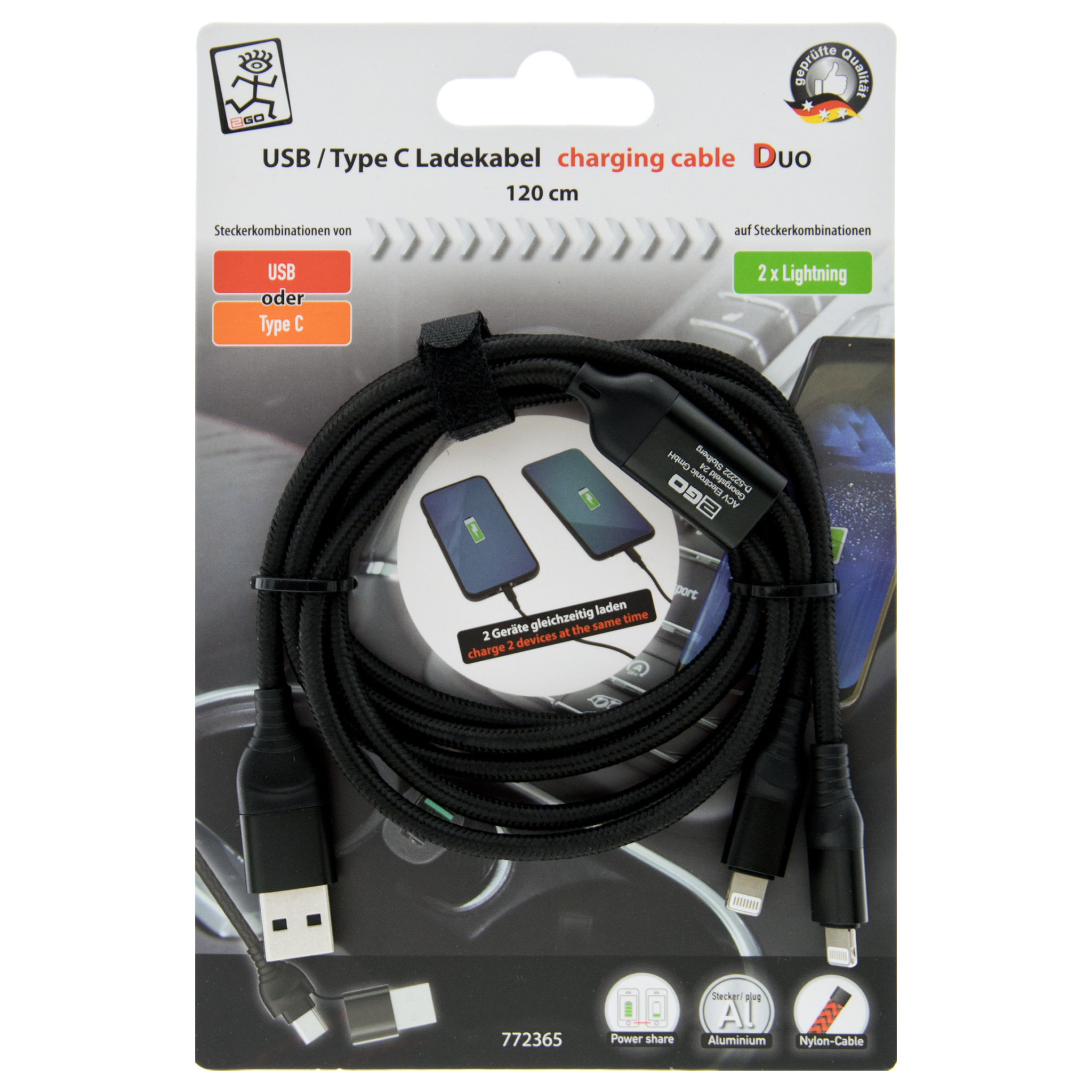 USB Ladekabel DUO - USB A oder USB Type-C auf 2 x Lightning - 120 cm - schwarz - Verpackung