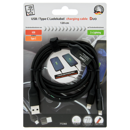 USB Ladekabel DUO - USB A oder USB Type-C auf 2 x Lightning - 120 cm - schwarz - Verpackung