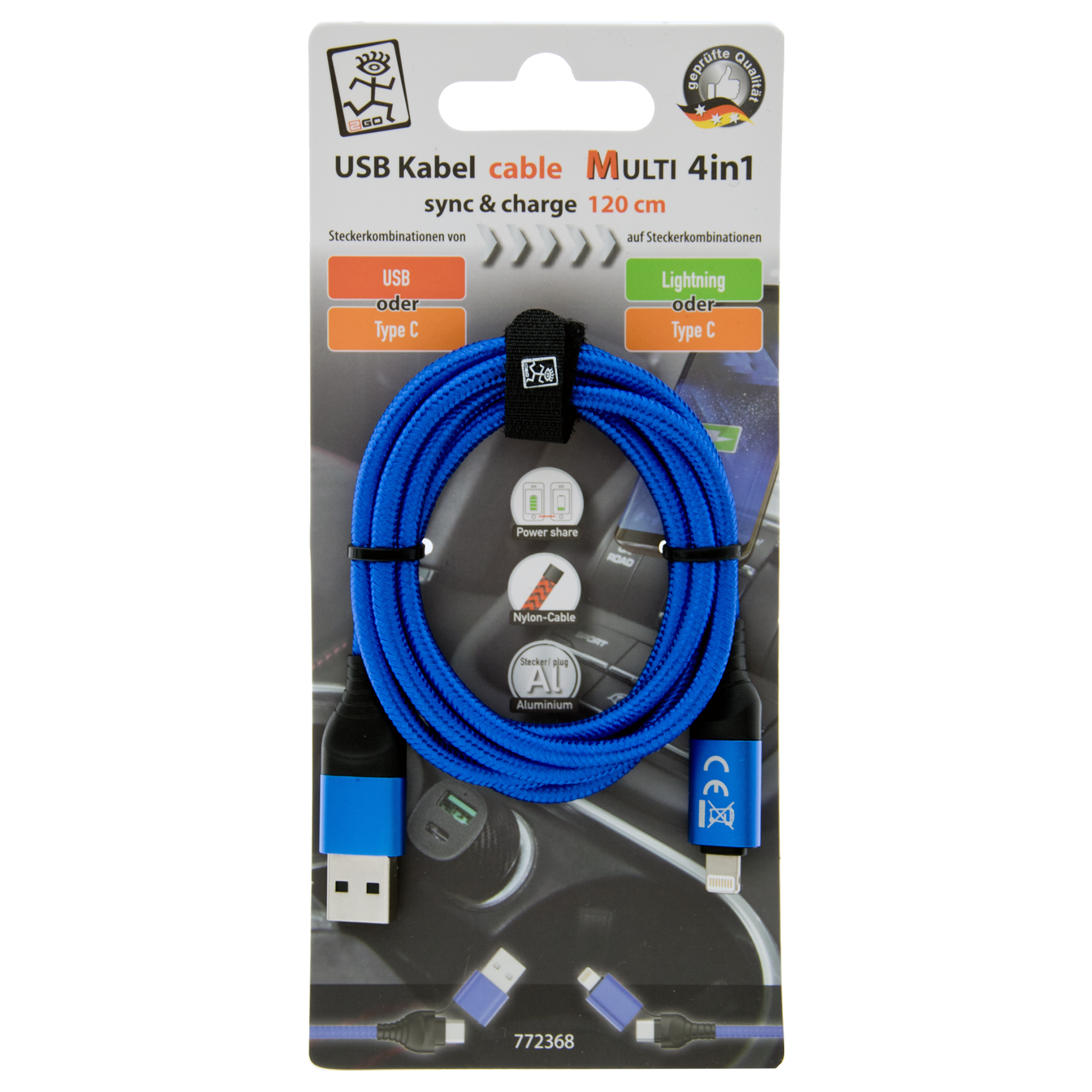 4 in 1 USB Ladekabel - USB A oder USB Type-C auf Lightning oder USB Type-C -  120 cm - blau - Verpackung