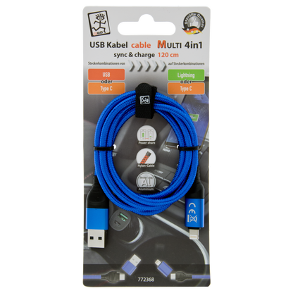 4 in 1 USB Ladekabel - USB A oder USB Type-C auf Lightning oder USB Type-C -  120 cm - blau - Verpackung