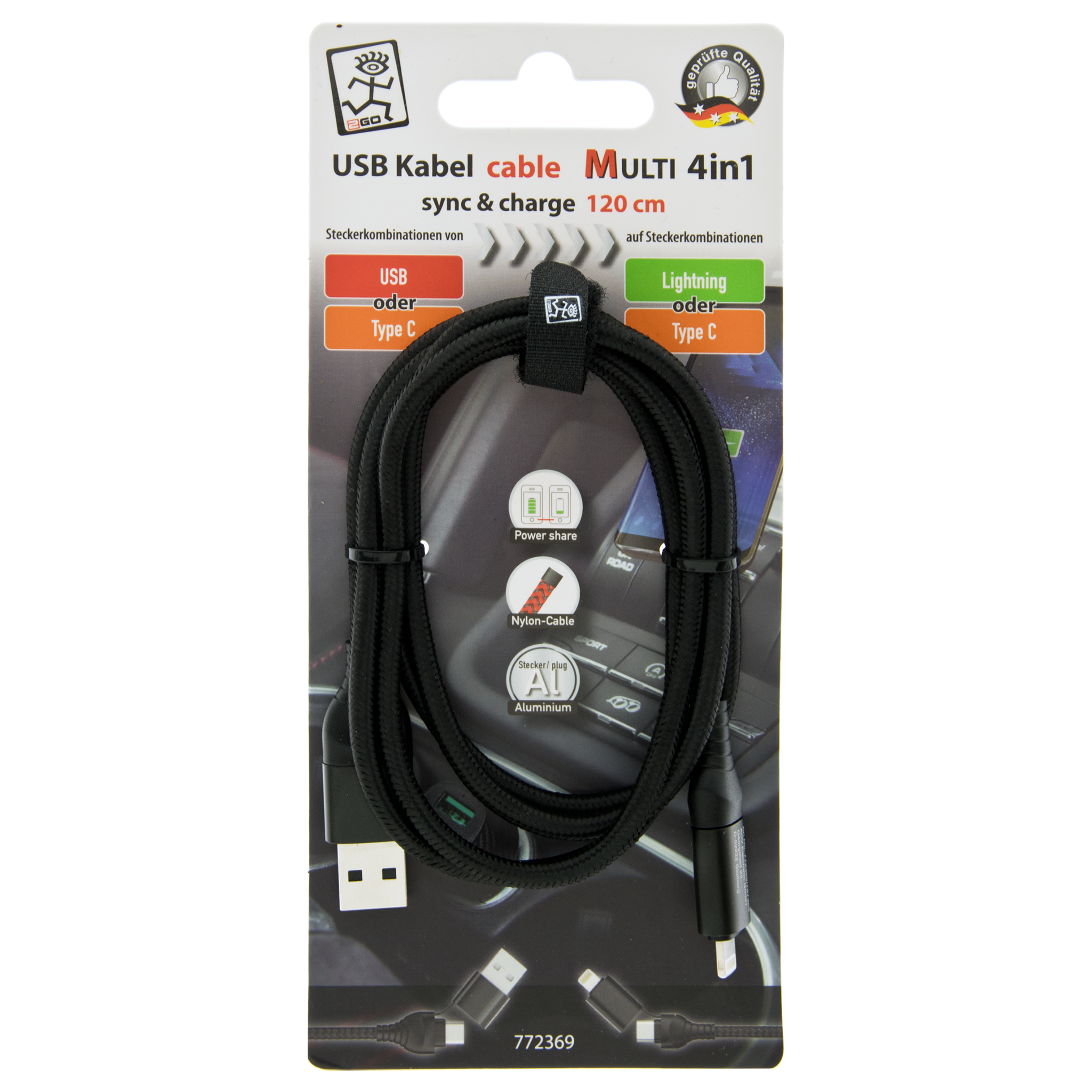 4 in 1 USB Ladekabel - USB A oder USB Type-C auf Lightning oder USB Type-C -  120 cm - schwarz - Verpackung