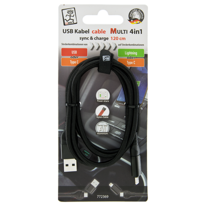 4 in 1 USB Ladekabel - USB A oder USB Type-C auf Lightning oder USB Type-C -  120 cm - schwarz - Verpackung