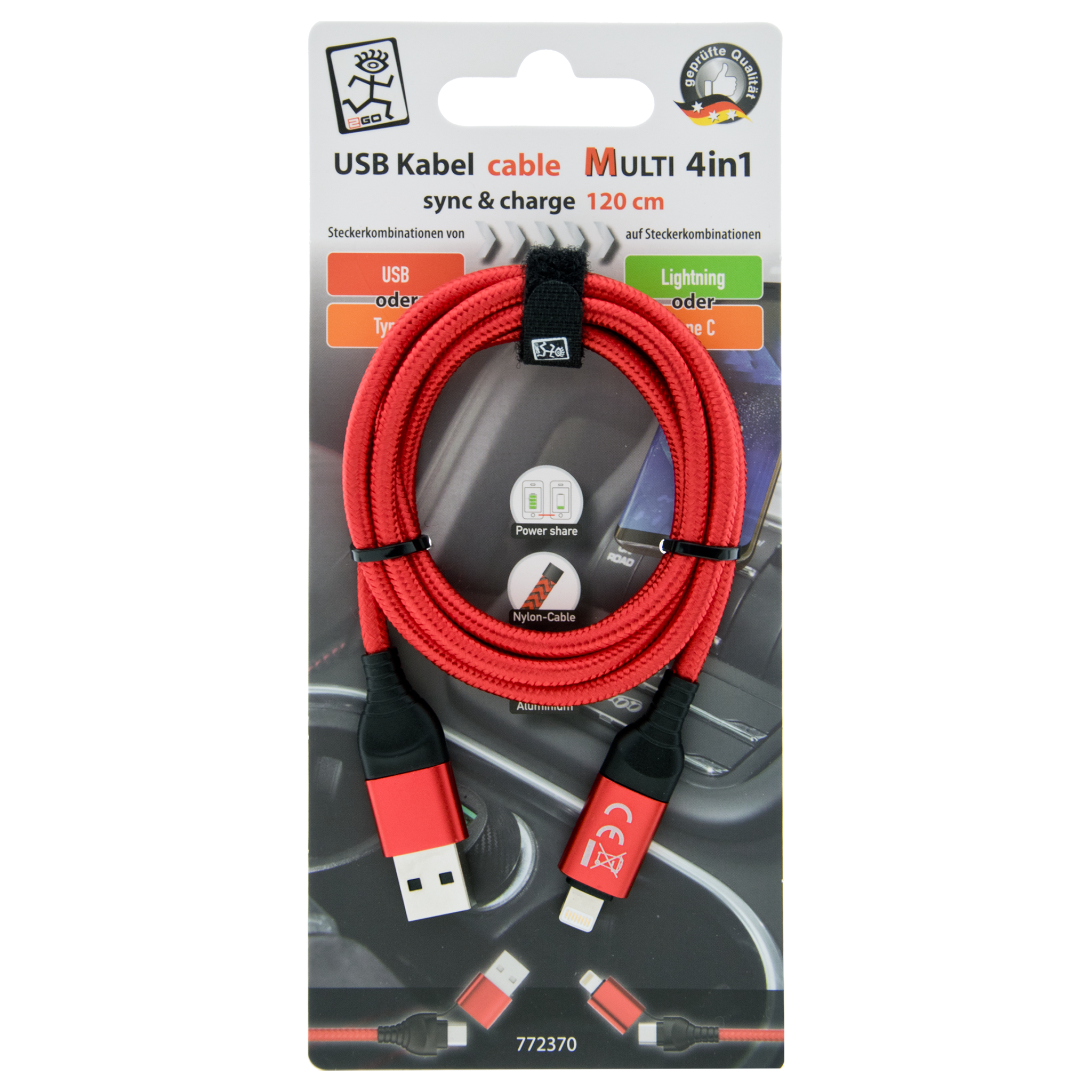 4 in 1 USB Ladekabel - USB A oder USB Type-C auf Lightning oder USB Type-C -  120 cm - rot - Verpackung