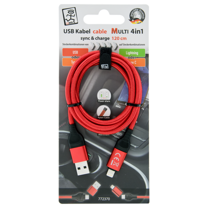 4 in 1 USB Ladekabel - USB A oder USB Type-C auf Lightning oder USB Type-C -  120 cm - rot - Verpackung