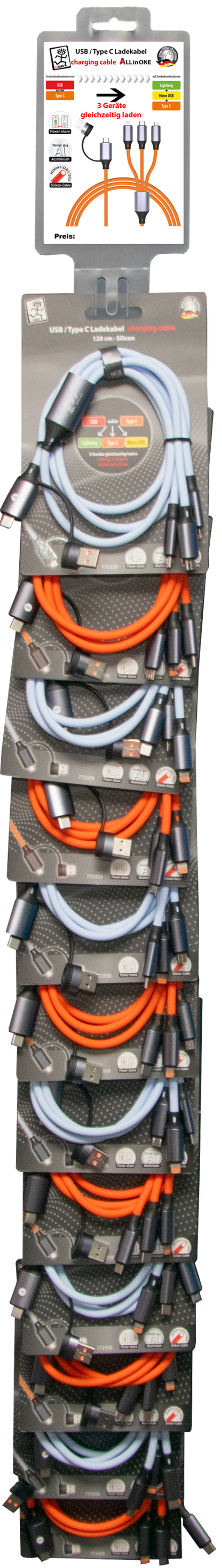 Ready2Sell Strip - USB A / USB Type-C Multi-Ladekabel - Silikon - hell blau & orange - 12 Stück