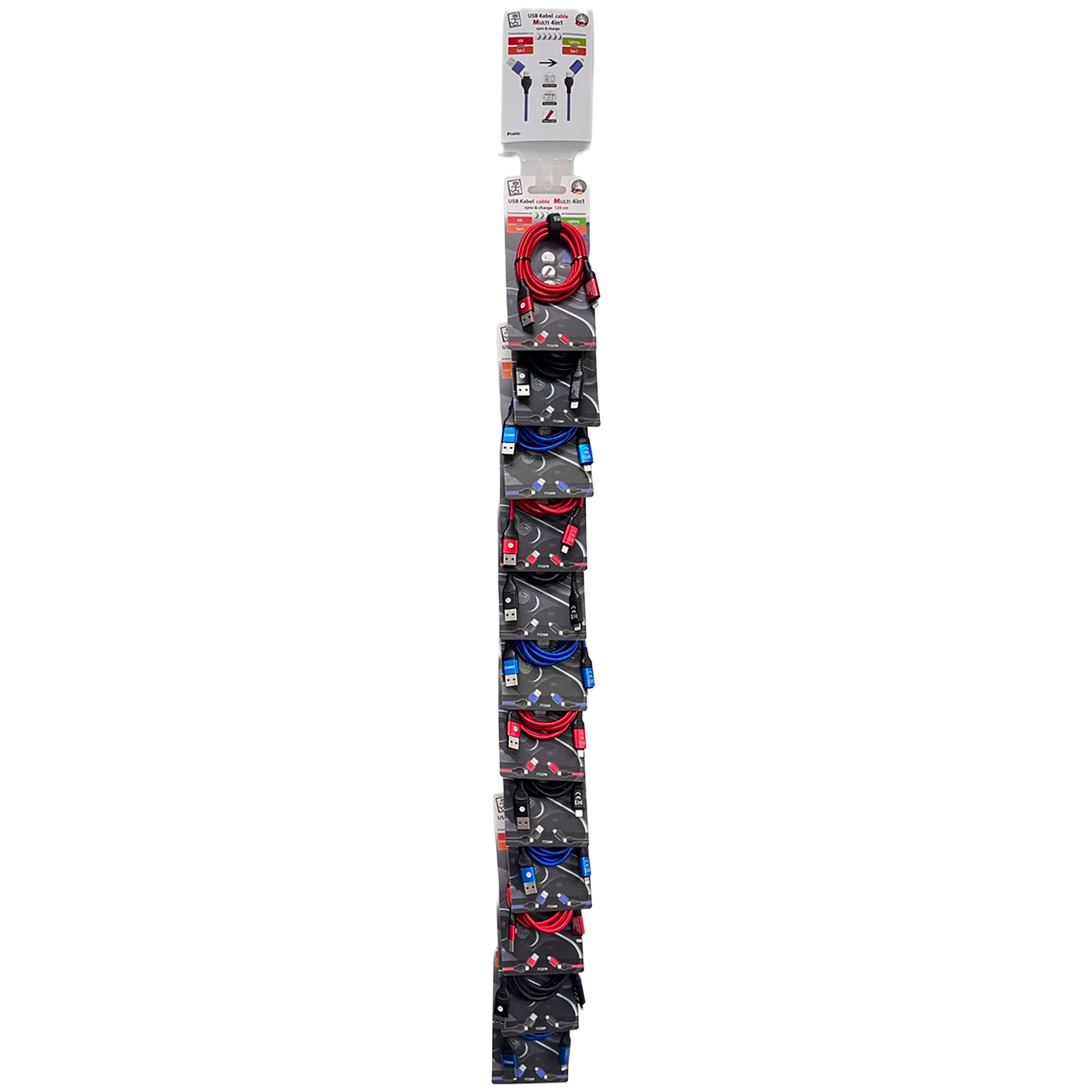 Ready2Sell Strip USB A / USB Type-C Multi-Ladekabel - Nylonummantelung - rot & blau & schwarz - 12 Stück