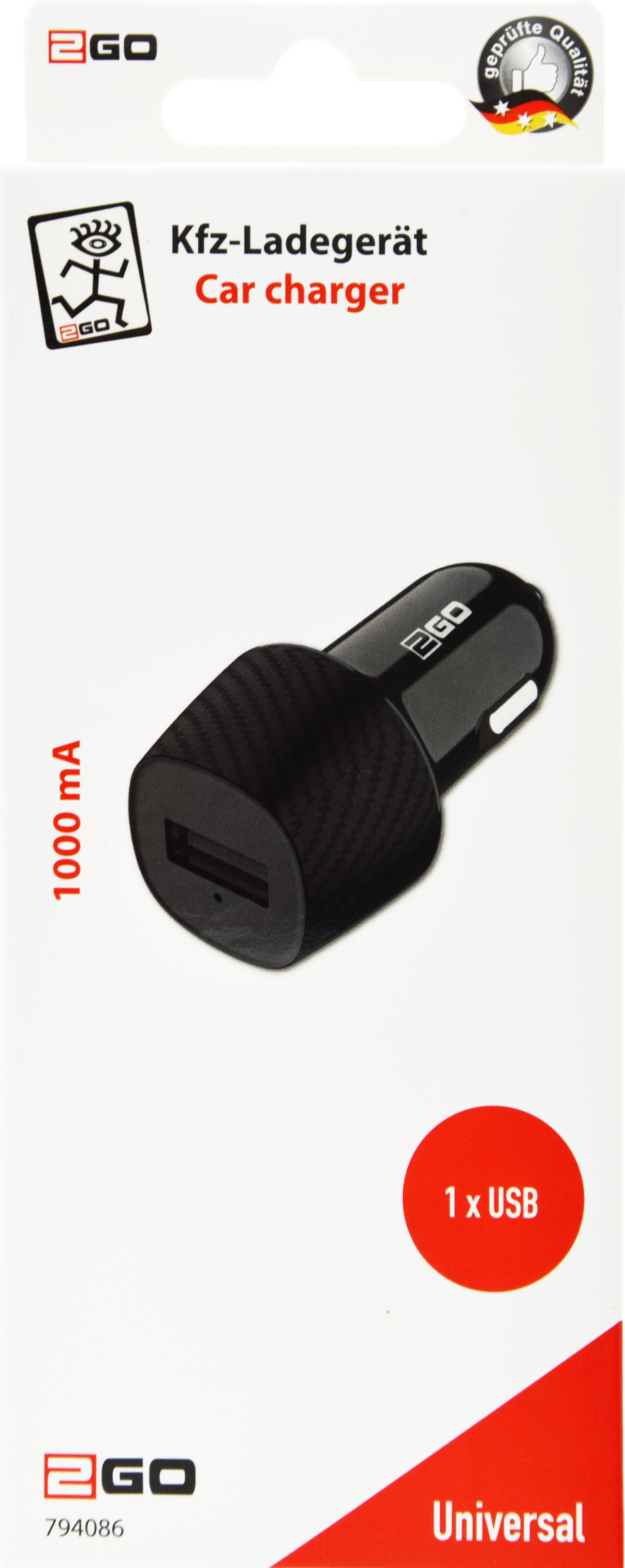 Kfz-Ladegerät / 1 x USB A / 5 W / 1000 mA / schwarz