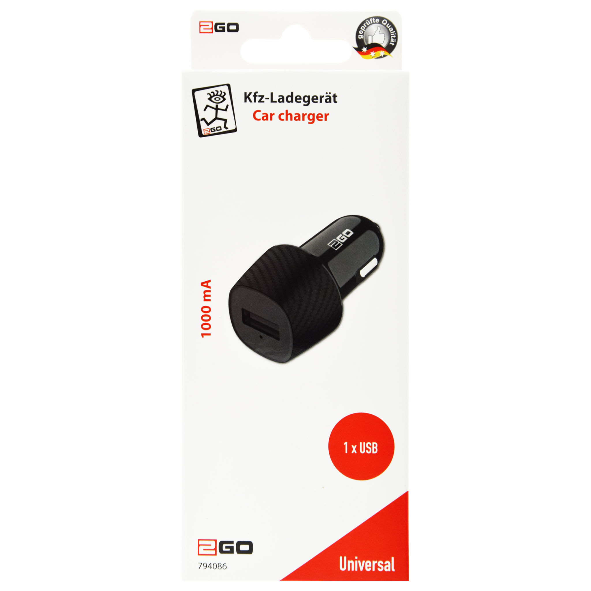 USB Kfz-Ladegerät - 1 x USB - 1000 ma - schwarz - Verpackung
