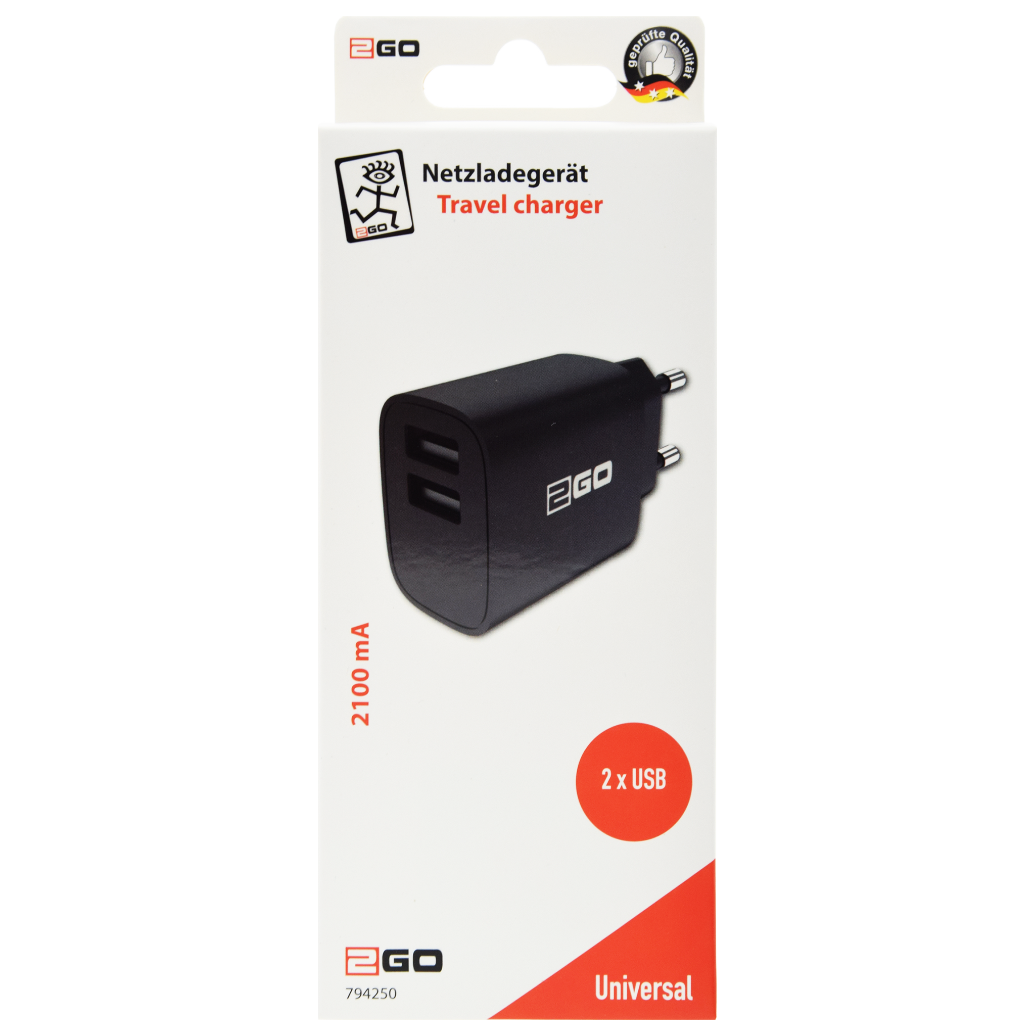 Netz-Ladegerät 100 V - 240 V - 2 x USB A - 10 W - 2000 mA - schwarz