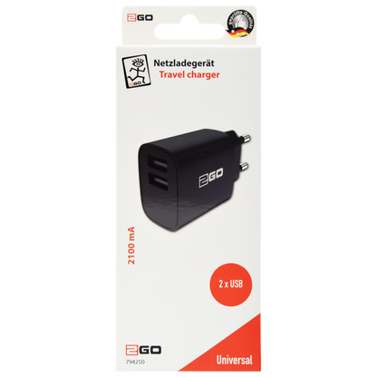Netz-Ladegerät 100 V - 240 V - 2 x USB A - 10 W - 2000 mA - schwarz