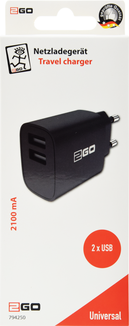 USB Netzladegerät 100 V - 240 V - 2 x USB A - 2100 mA - schwarz - Verpackung