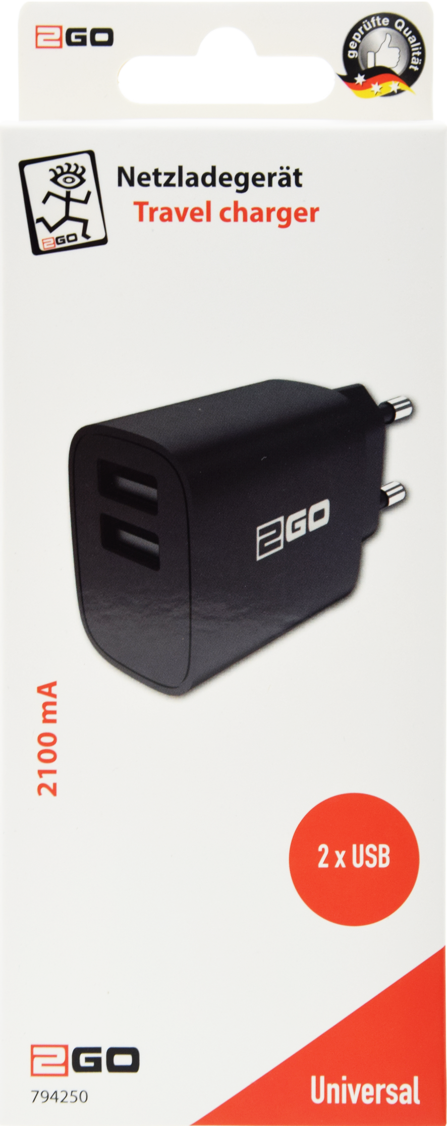 USB Netzladegerät 100 V - 240 V - 2 x USB A - 2100 mA - schwarz - Verpackung