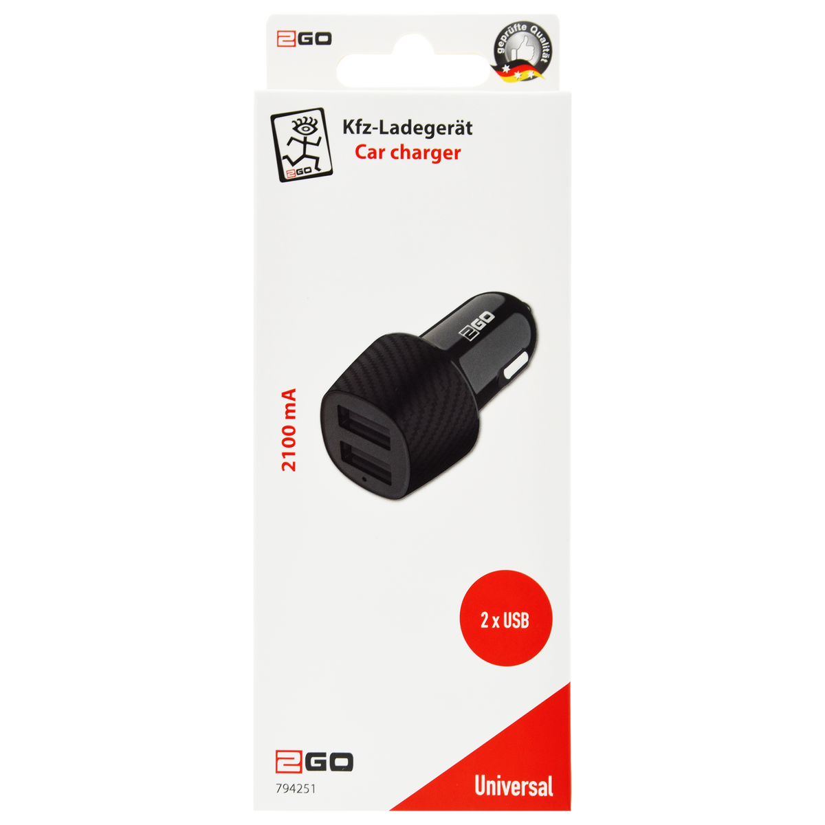 Kfz-Ladegerät 12 V / 24 V - 2 x USB A - 10 W - 2000 mA - schwarz