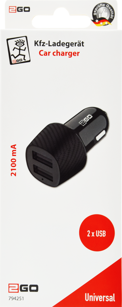 USB Kfz-Ladegerät 12V / 24V - 2x USB A - 2100 mah - schwarz - Verpackung