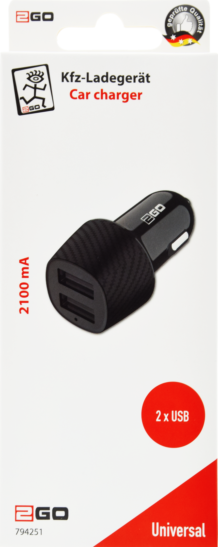 USB Kfz-Ladegerät 12V / 24V - 2x USB A - 2100 mah - schwarz - Verpackung