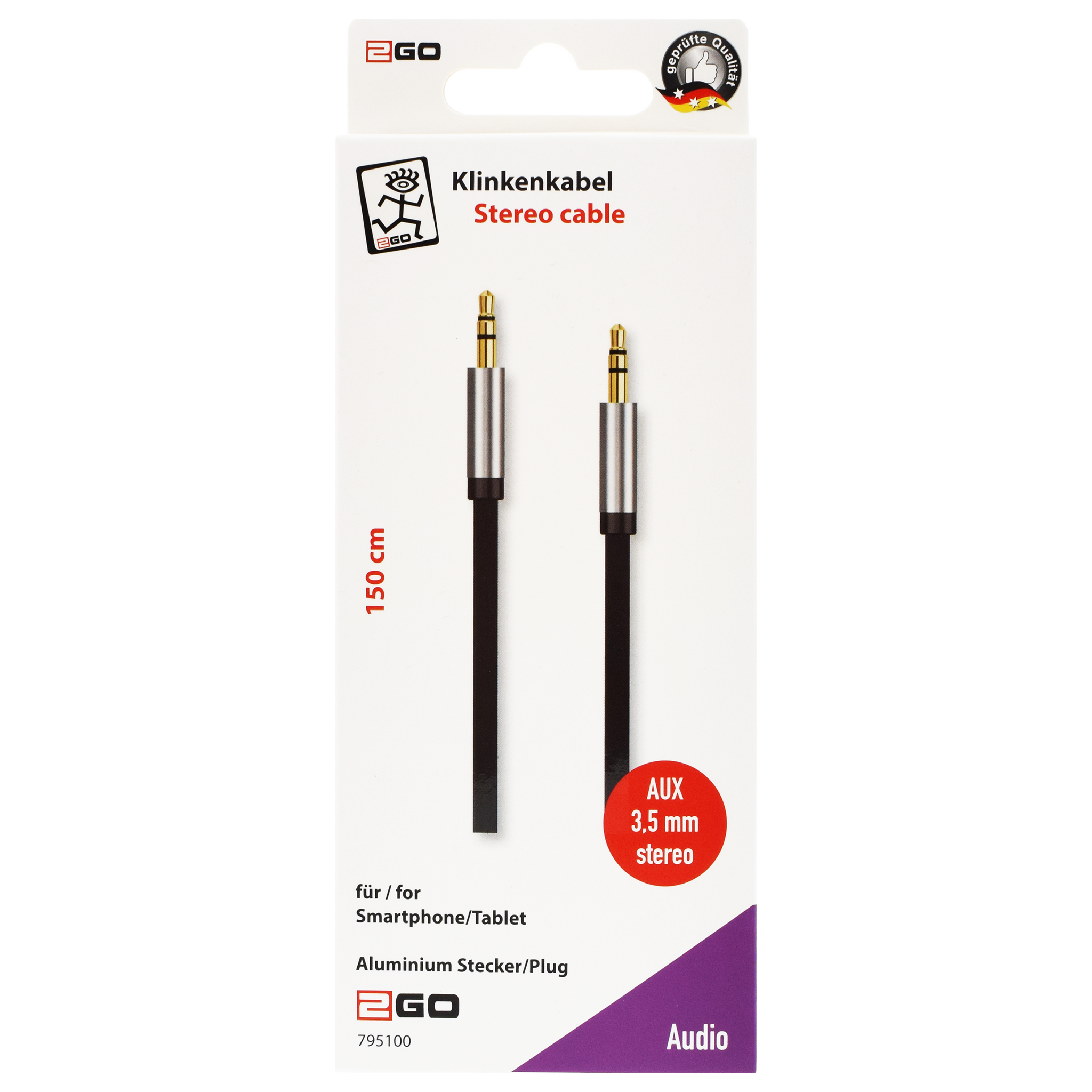 AUX-Audio-Kabel - Flachkabel - 3,5 mm Klinkenstecker auf 3,5 mm Klinkenstecker - vergoldete Stecker - 150 cm - schwarz - Verpackung