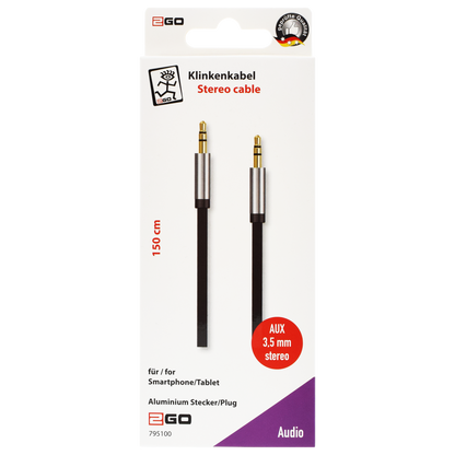AUX-Audio-Kabel - Flachkabel - 3,5 mm Klinkenstecker auf 3,5 mm Klinkenstecker - vergoldete Stecker - 150 cm - schwarz - Verpackung