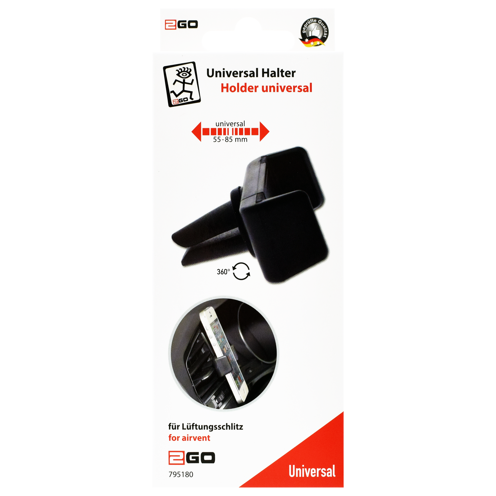 Universal Halter für die Kfz-Lüftung - 55 mm - 85 mm Breite - 360° rotierbar - schwarz - Verpackung