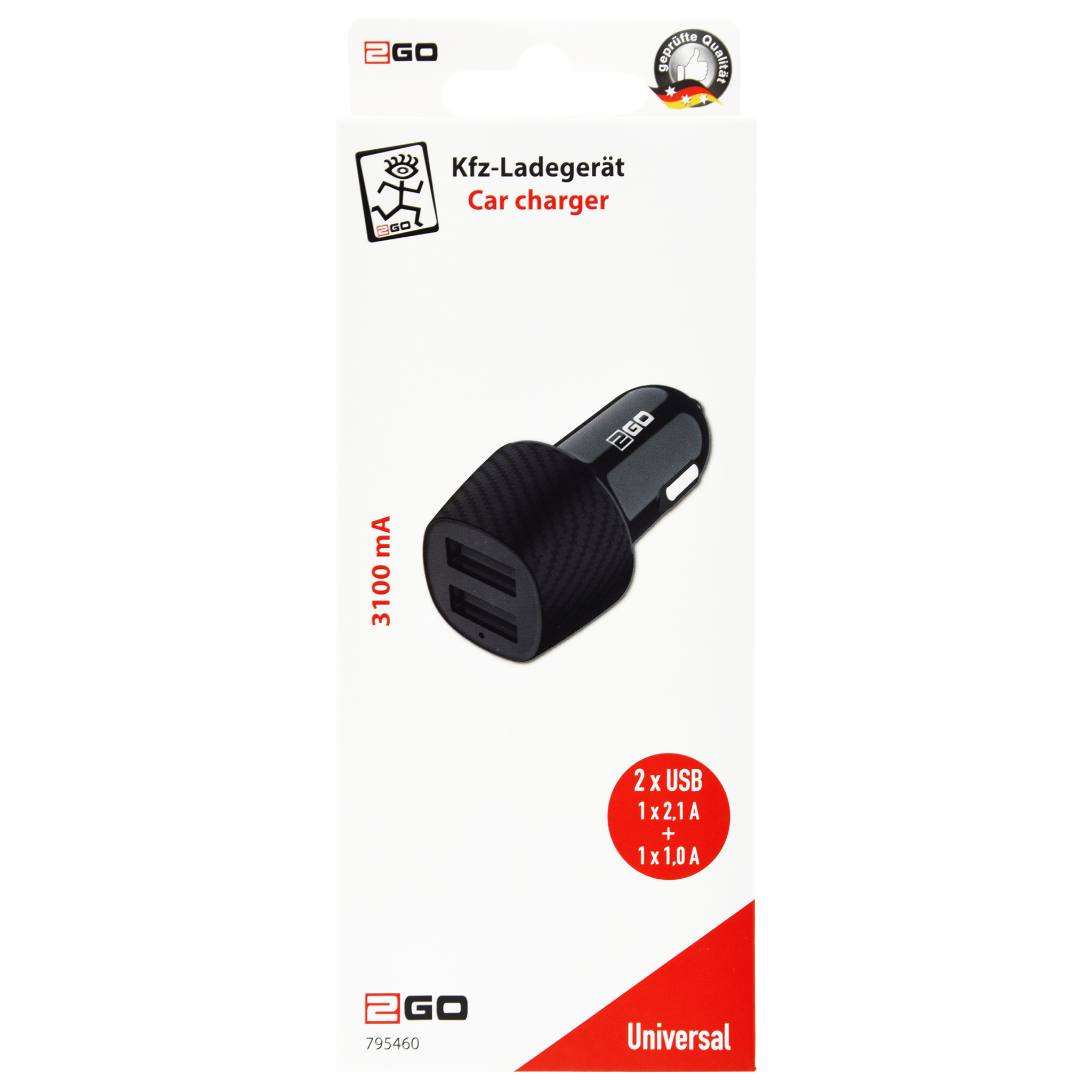 USB Kfz-Ladegerät 12V / 24V - 2x USB A - 3100 mah - schwarz - Verpackung