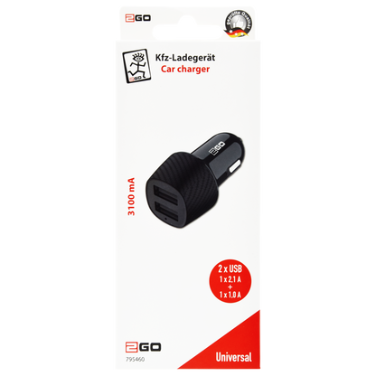 USB Kfz-Ladegerät 12V / 24V - 2x USB A - 3100 mah - schwarz - Verpackung