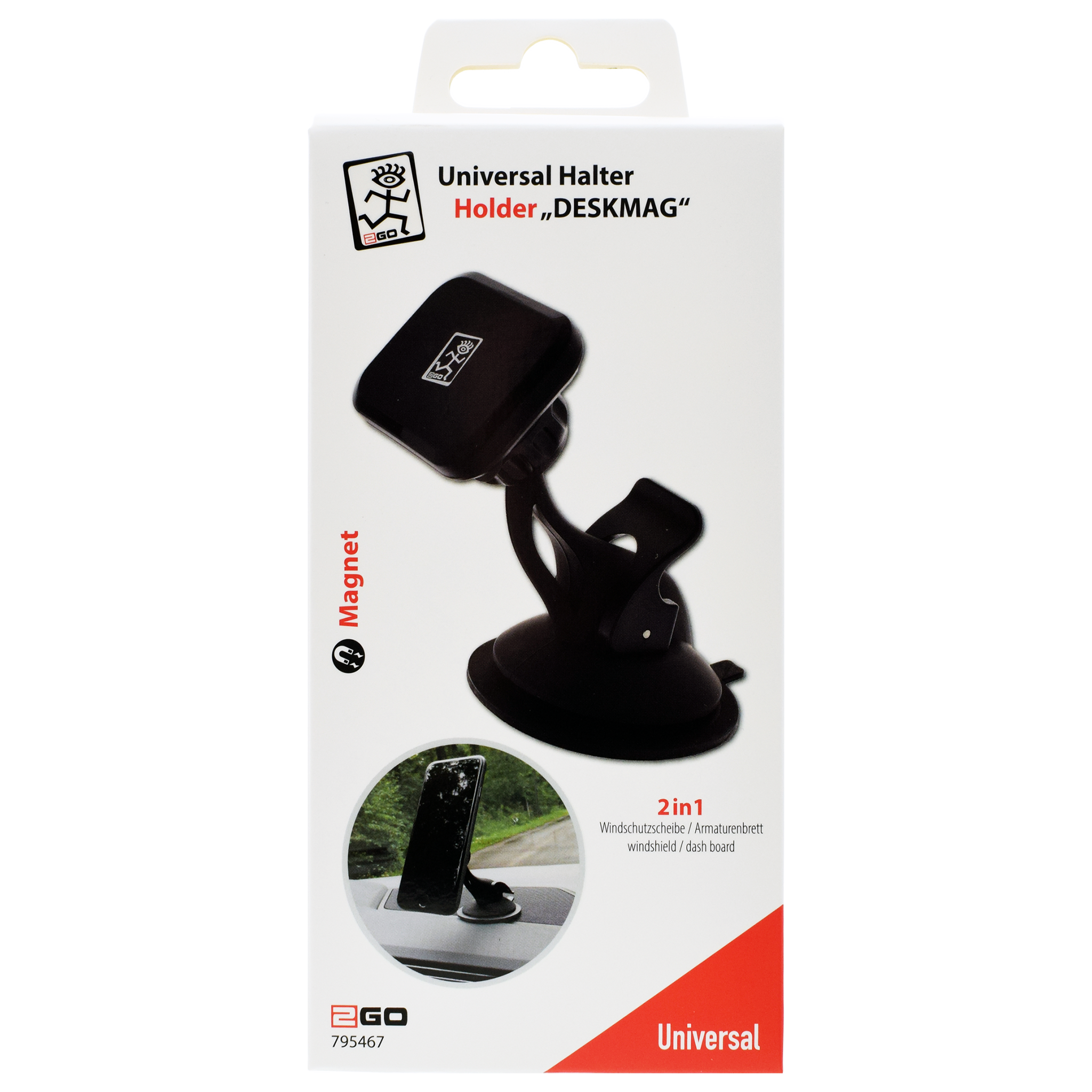 Universal Halterung "Deskmag" - für die Windschutzscheibe oder das Armaturenbrett - schwarz - Verpackung
