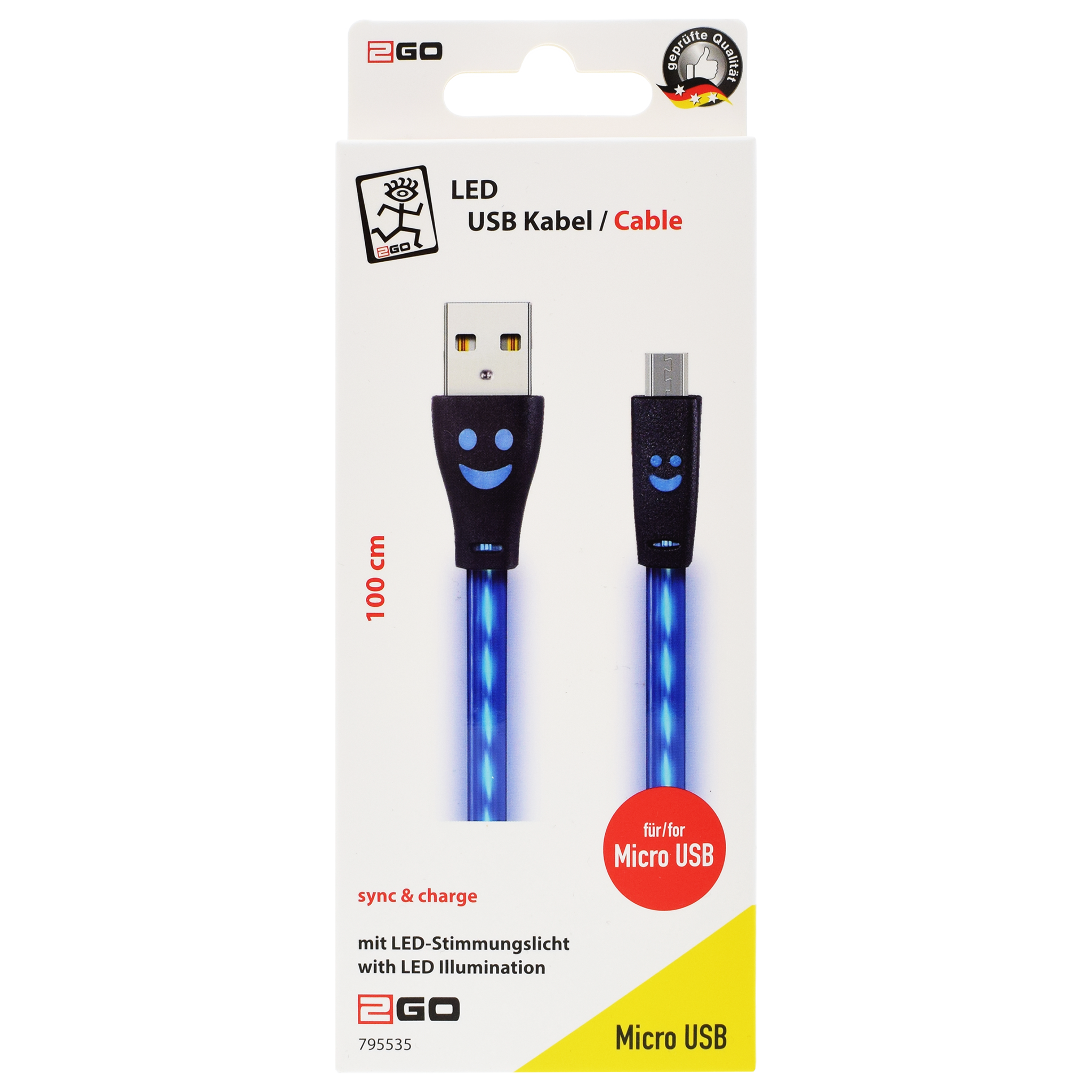 USB Datenkabel - USB A auf Micro-USB - 100 cm - transparent - LED blau - Verpackung