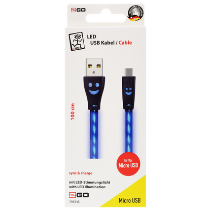 USB Datenkabel - USB A auf Micro-USB - 100 cm - transparent - LED blau - Verpackung