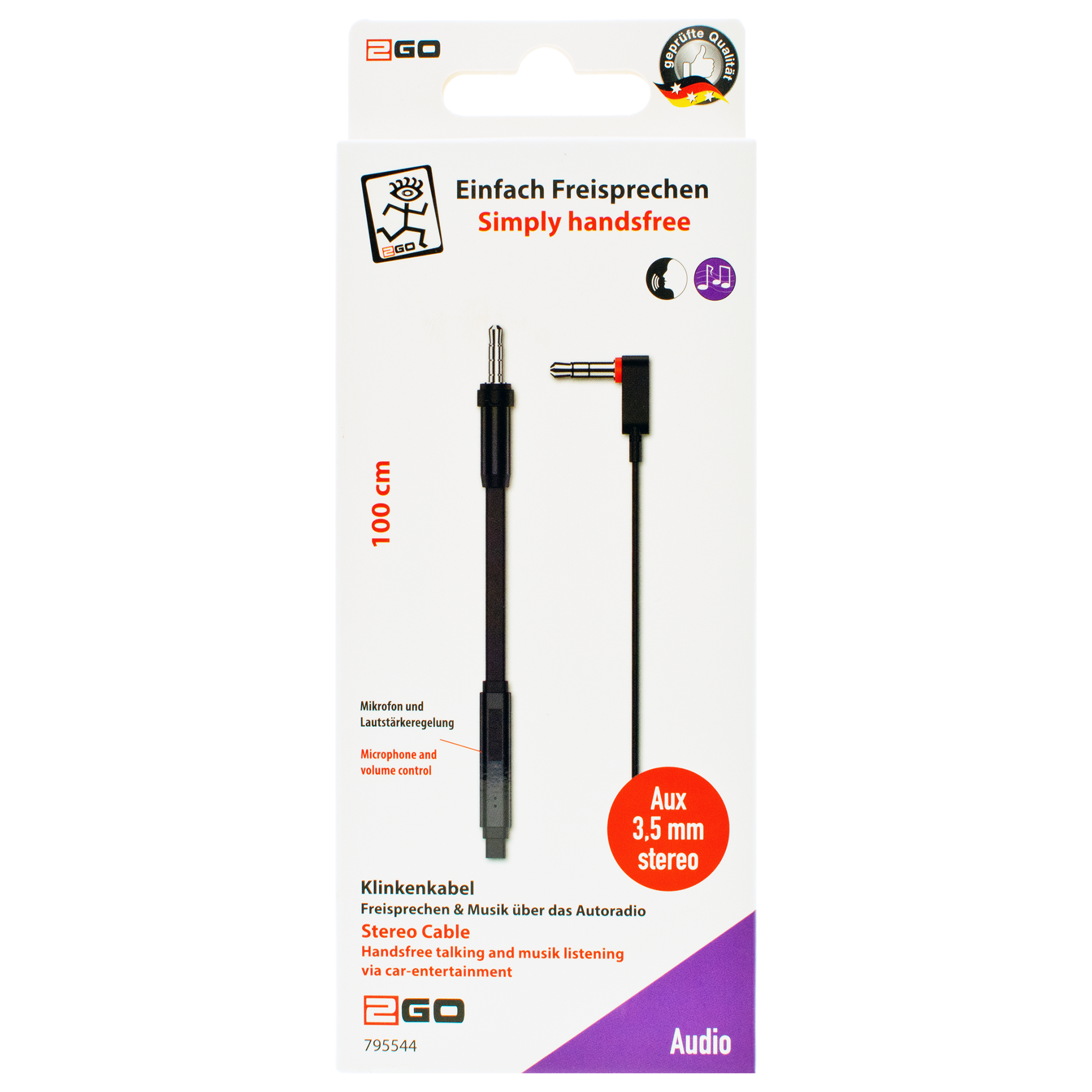 Audio-Kabel - Klinke auf Klinke - mit Mikrofon und Lautstärkeregelung - Winkelstecker - 100 cm - Verpackung