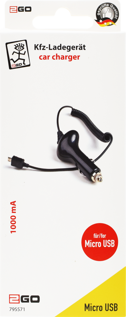 Kfz-Ladegerät 12 V / 24 V mit Spiralkabel - Micro-USB - 1000 mA - schwarz - Verpackung