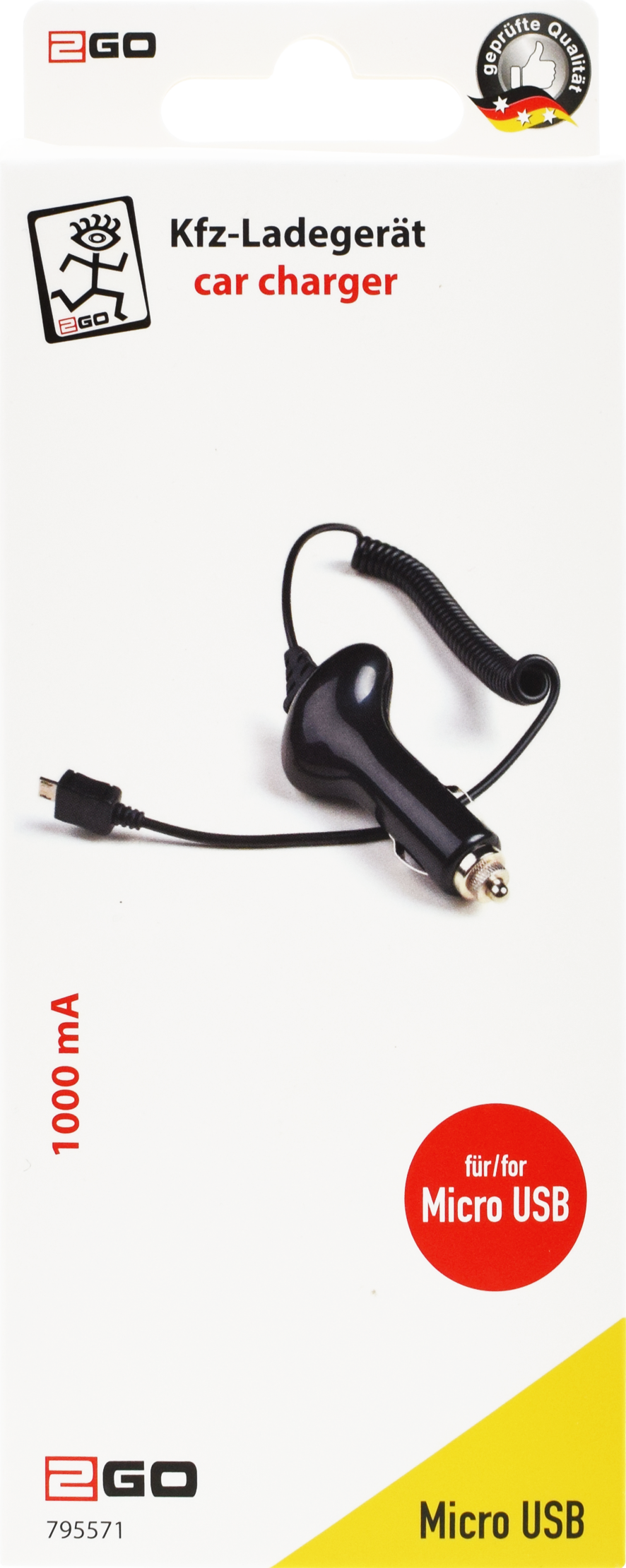 Kfz-Ladegerät 12 V / 24 V mit Spiralkabel - Micro-USB - 1000 mA - schwarz - Verpackung