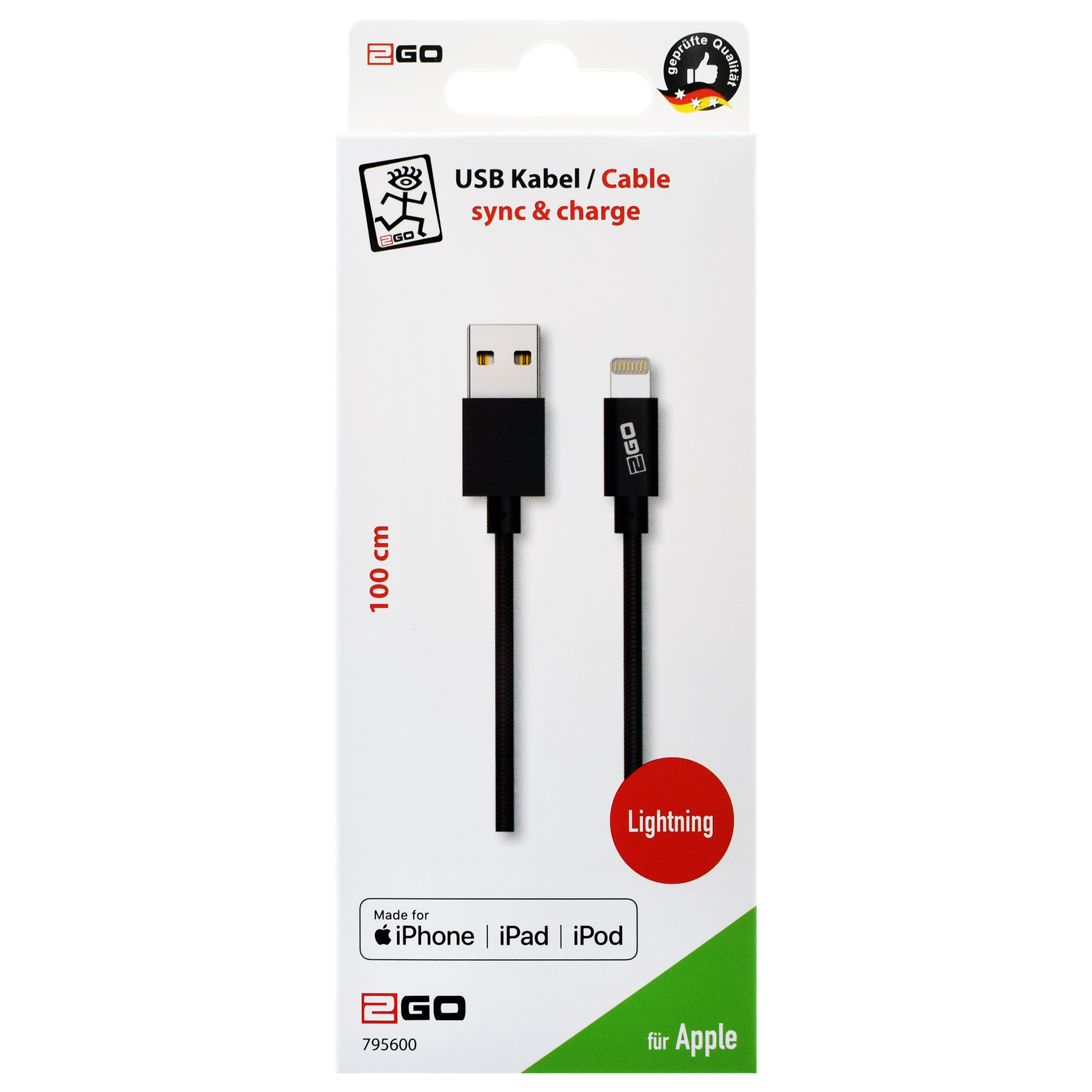 USB Datenkabel - MFI - USB A auf Lightning - 100 cm - grau - Verpackung