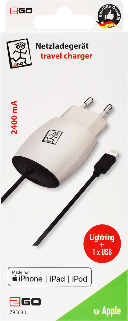 Netzladegerät 100 V - 240 V mit USB A Buchse und Lightning-Kabel - 2400 mA - weiß - Verpackung
