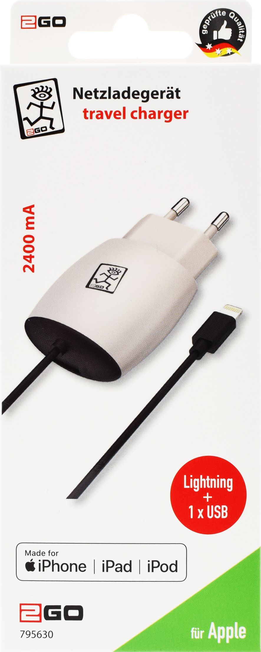 Netzladegerät 100 V - 240 V mit USB A Buchse und Lightning-Kabel - 2400 mA - weiß - Verpackung