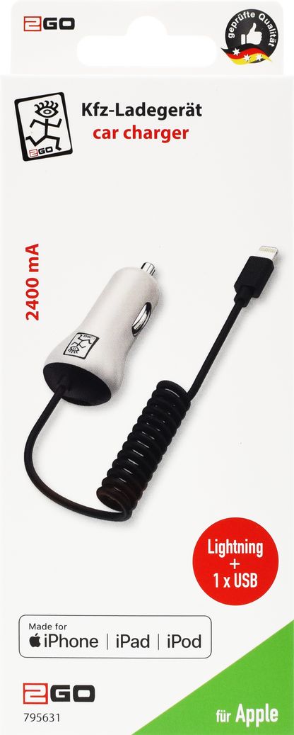 Kfz-Ladegerät / MFI zertifiziert / Lightning & 1 x USB A / 12 W / 2400 mA / schwarz-weiß