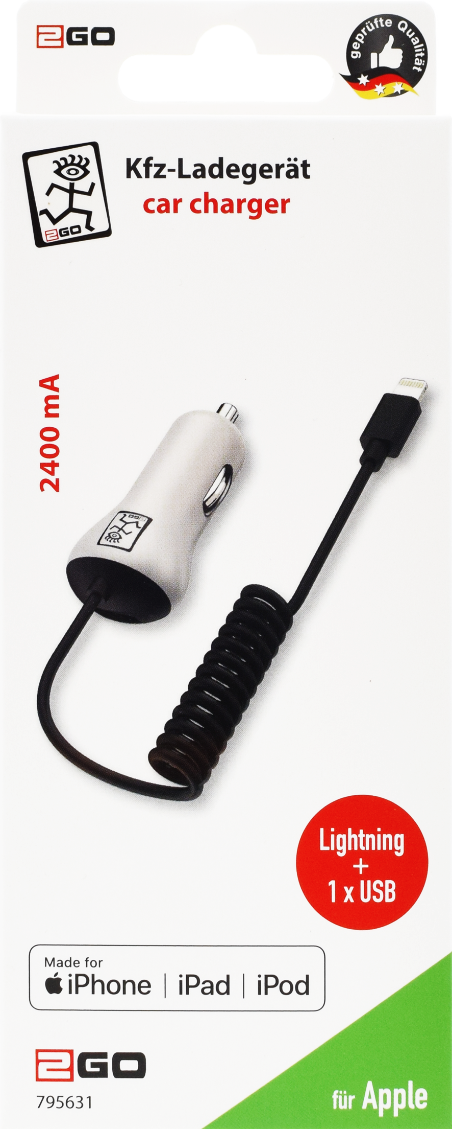 Kfz-Ladegerät / MFI zertifiziert / Lightning & 1 x USB A / 12 W / 2400 mA / schwarz-weiß