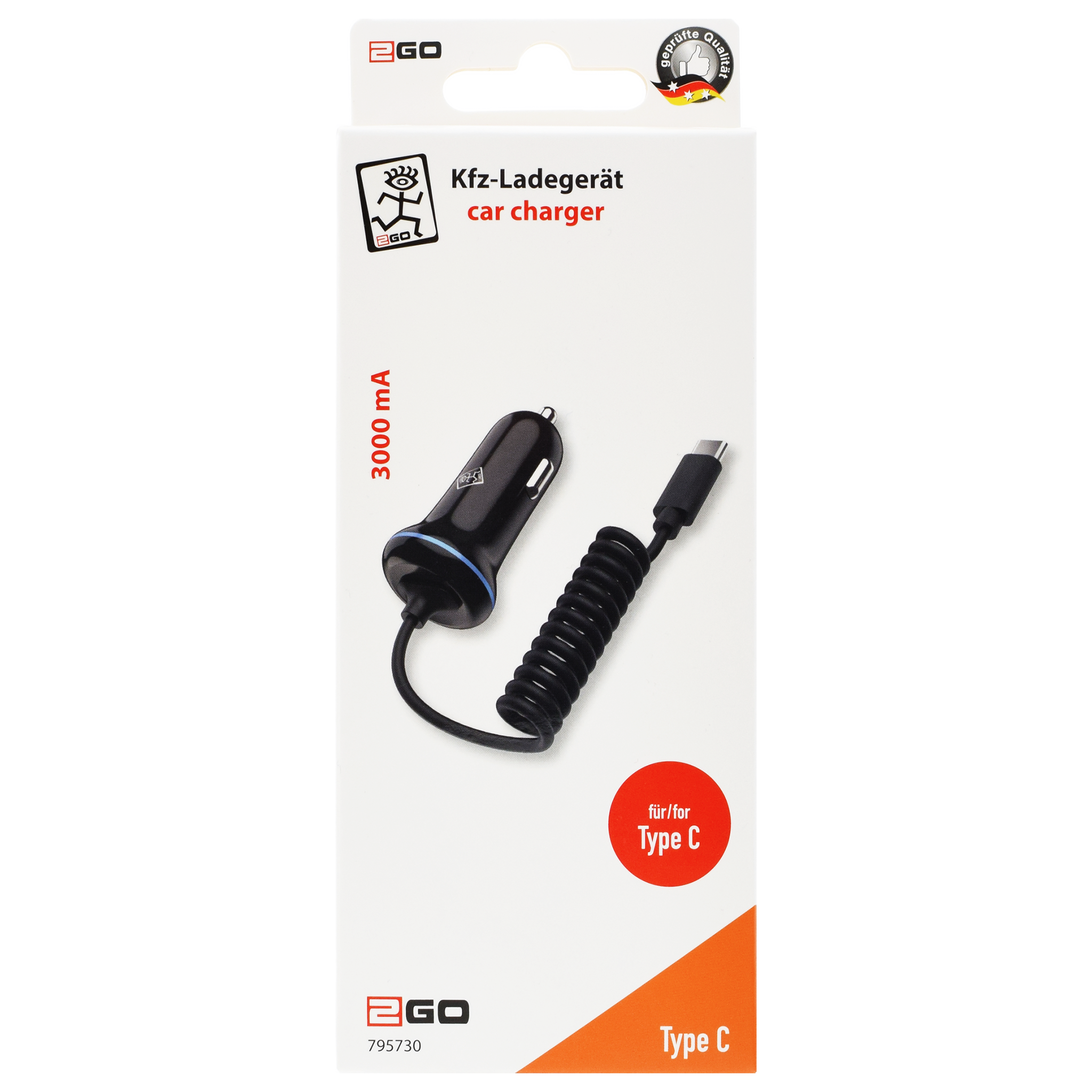 Kfz-Ladegerät 12 V / 24 V mit Spiralkabel - USB Type-C - 3000 mA - schwarz - Verpackung