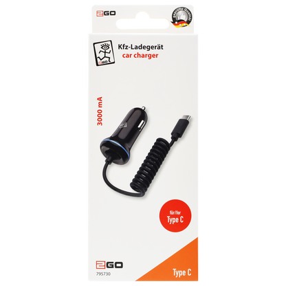 Kfz-Ladegerät 12 V / 24 V mit Spiralkabel - USB Type-C - 3000 mA - schwarz - Verpackung