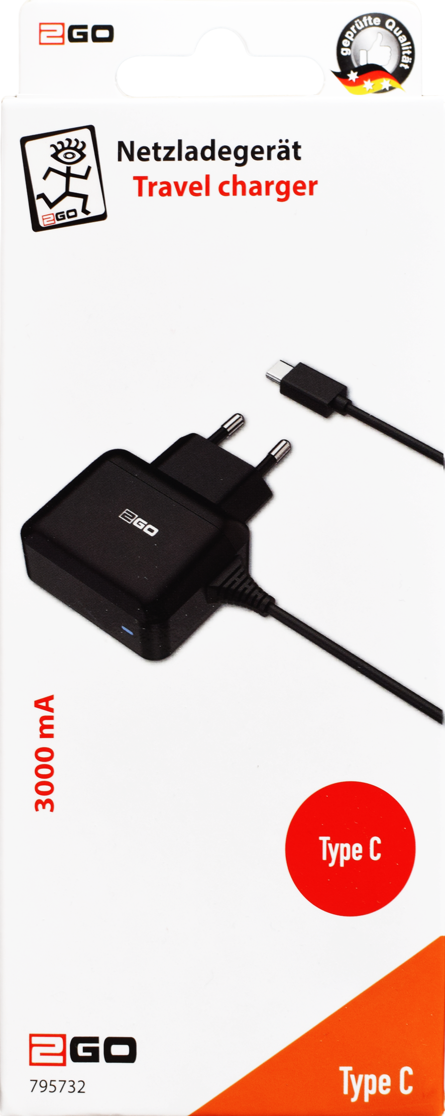 Netzladegerät 100 V - 240 V - USB Type-C - 140 cm  Kabellänge - 3000 mA - 15 W - schwarz - Verpackung