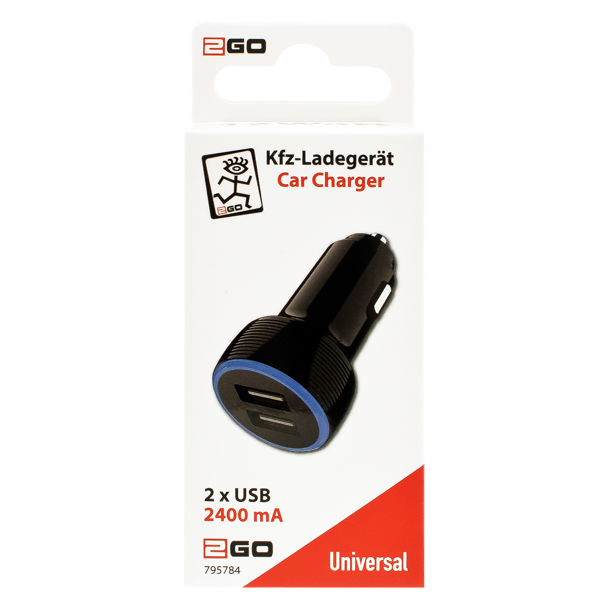 USB Kfz-Ladegerät - 12 V / 24 V - 2 x USB A - 2400 ma - LED-Ring - schwarz - Verpackung