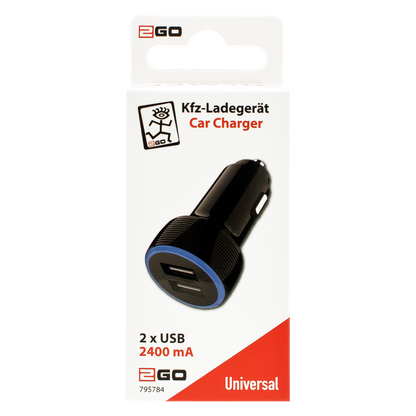USB Kfz-Ladegerät - 12 V / 24 V - 2 x USB A - 2400 ma - LED-Ring - schwarz - Verpackung