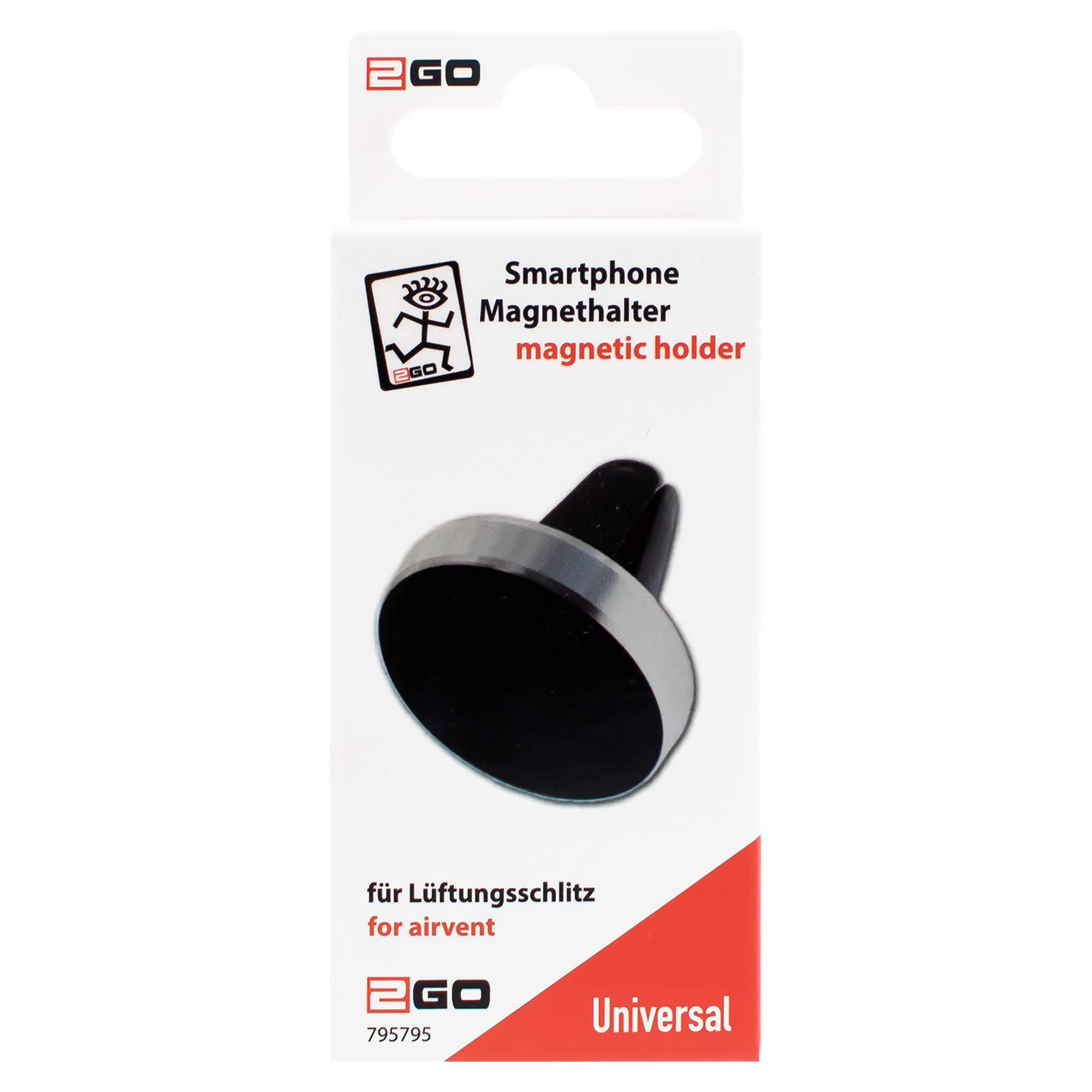 Universal Magnethalter "Minimag" - für die Kfz-Lüftung - inklusive selbstklebender Konterplatte - silber - Verpackung