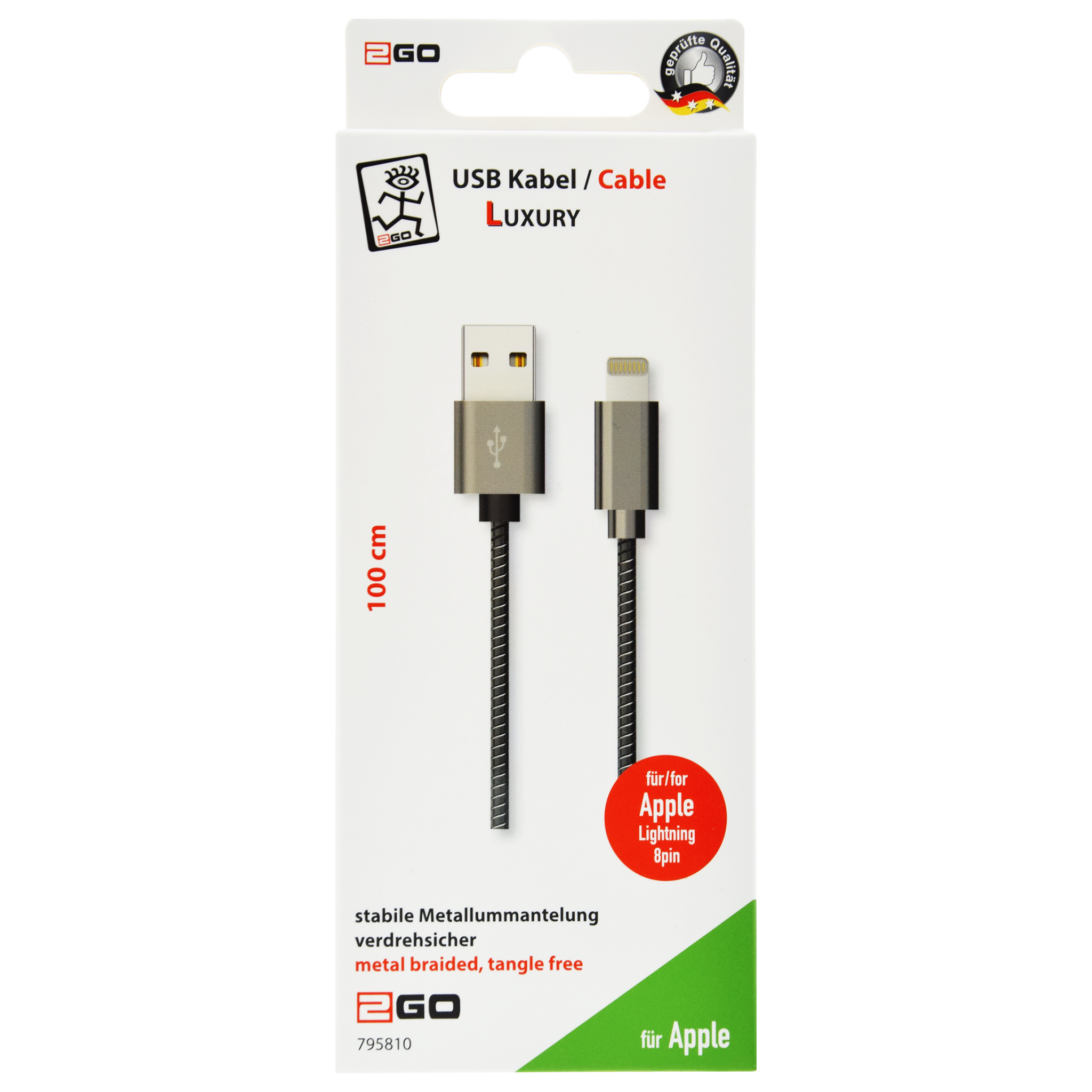 USB Datenkabel Luxury - USB A auf Lightning - Metallummantelung - 100 cm - silber - Verpackung