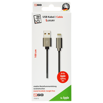 USB Datenkabel Luxury - USB A auf Lightning - Metallummantelung - 100 cm - silber - Verpackung