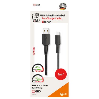USB Datenkabel Xtreme - USB A auf USB Type-C - 100 cm - grau - Verpackung