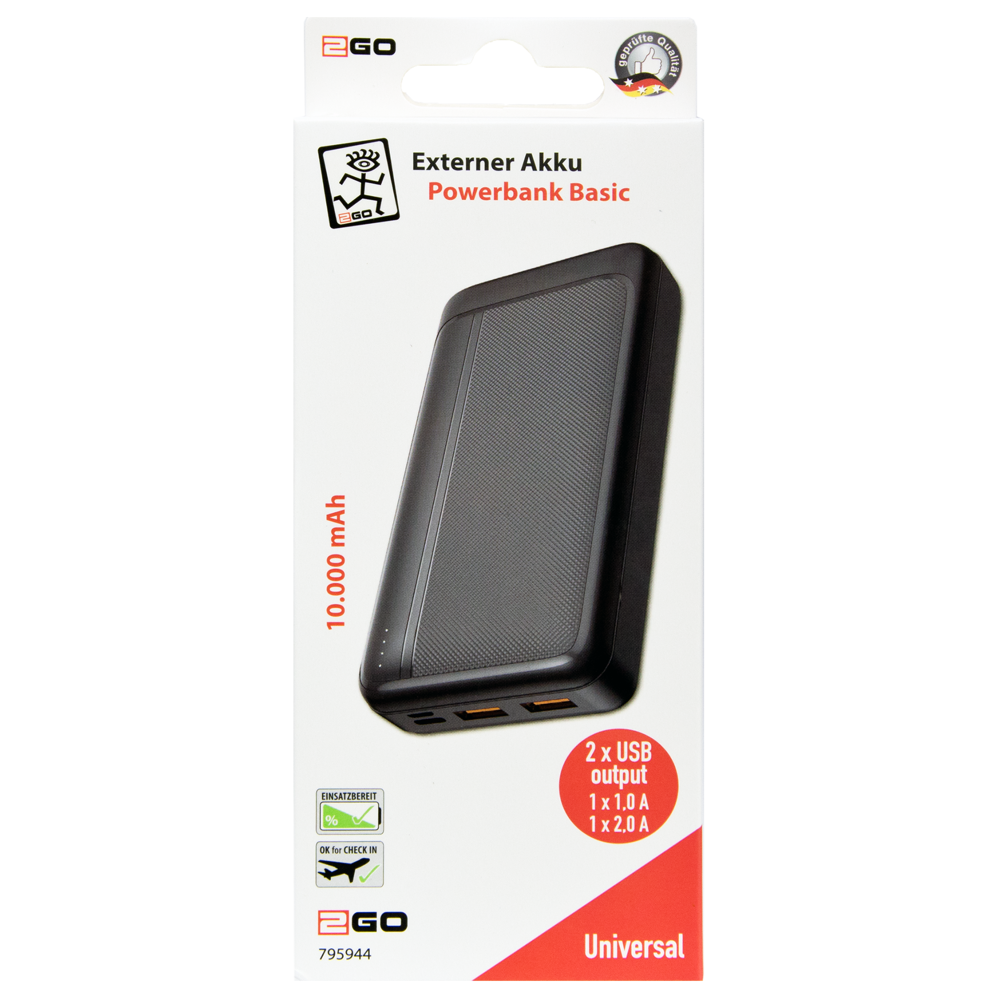 Powerbank - 10000 mAh - 2 x USB A - 4 Status-LED - schwarz - Verpackung
