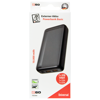 Powerbank - 10000 mAh - 2 x USB A - 4 Status-LED - schwarz - Verpackung
