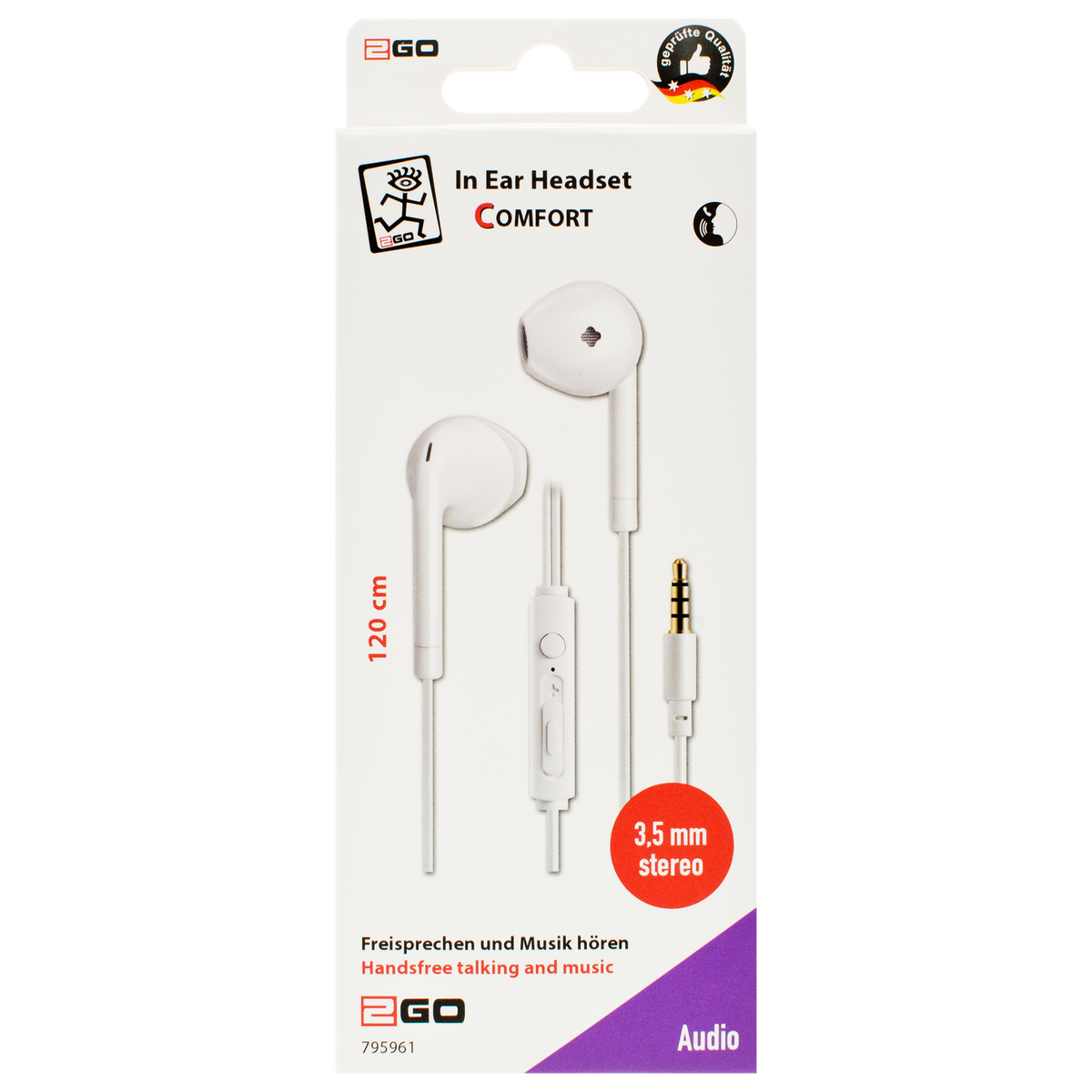 In-Ear Stereo-Headset "Comfort" - Rufannahme - Lautstärkeregelung - Klinkenstecker - weiß