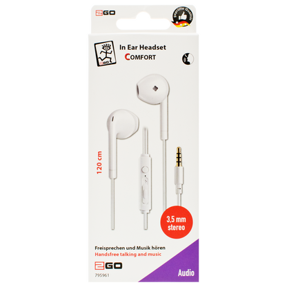 In-Ear Stereo-Headset "Comfort" - Rufannahme - Lautstärkeregelung - Klinkenstecker - weiß