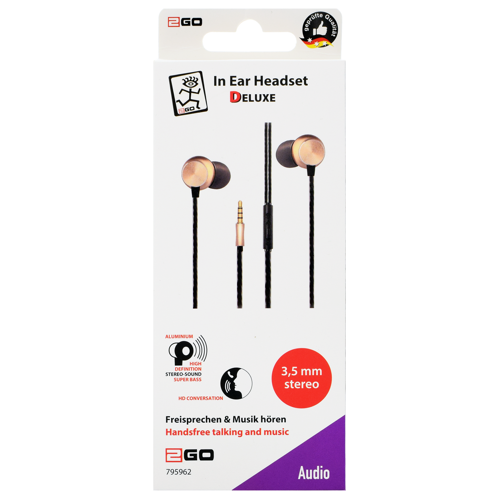 In-Ear-Headset "Deluxe" - Aluminium-Gehäuse - Rufannahme - Lautstärkeregelung - Klinkenstecker - schwarz-gold - Verpackung